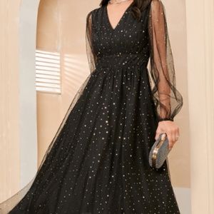 JJ'S House Black V-Neck Long Sleeves A-line Tulle Midi Ankle-Length Dress NWT